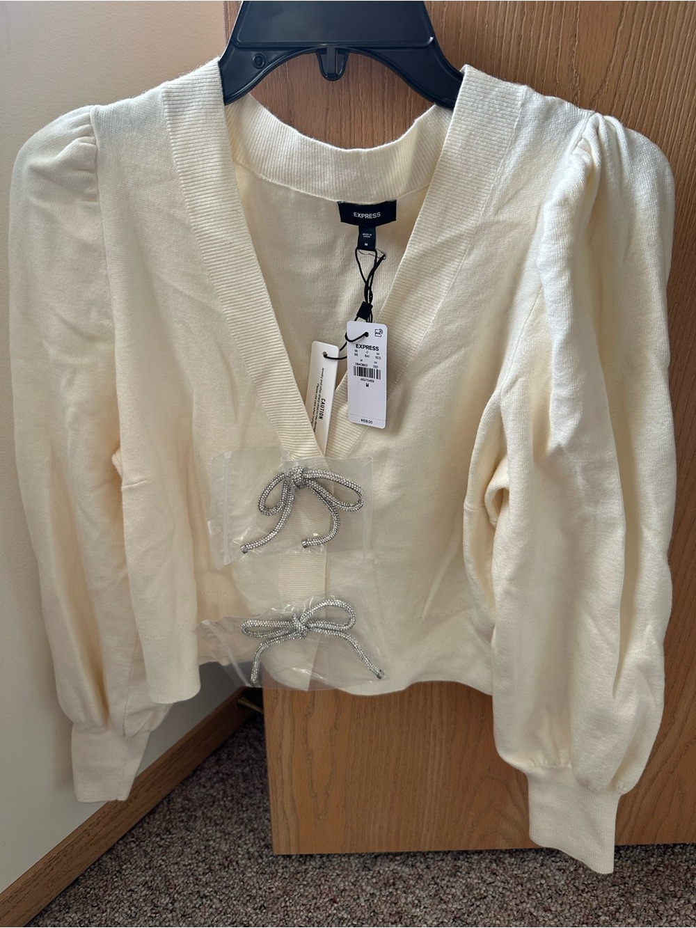 Express Cream Puff-Sleeve V-Neck Cardigan with Silver Bow Accents